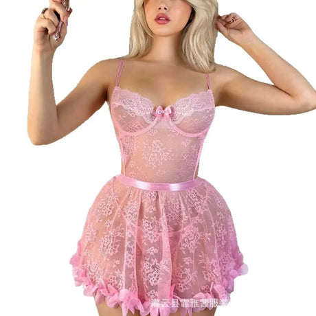 Sexy slit petal details, erotic Women's lace see-through Pink Floral Lace Underwire Chemise Bow Ruffled Petal Hem Puff dress 9YK