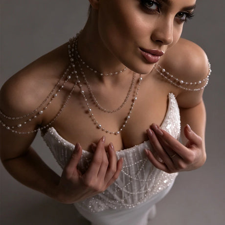 Elegant Round Pearl Shoulder Chain Necklace Wedding Accessories Statement Multilayer Bridal Body Jewelry Dress for Women Gift