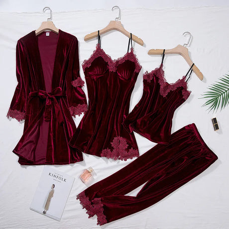 TOP Casual Velour Home Clothing 4pcs Sleep Set Intimate Lingerie Women Pajamas Suit Long Sleeve Lace Velvet Homewear Pyjamas Set