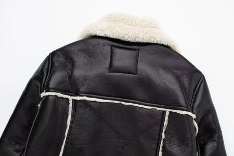 HH Women Faux Leather Thicken Short Jacket Vintage Front Zipper Lapel Long Sleeve Coat Winter Women Warm Casual Outerwear