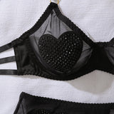 Ellolace Tempted Women's Lingerie Sets Daring Heart Rhinestone Bra Belt Thong 3PC with Choker Leg Circles Intimate Miss Outfits