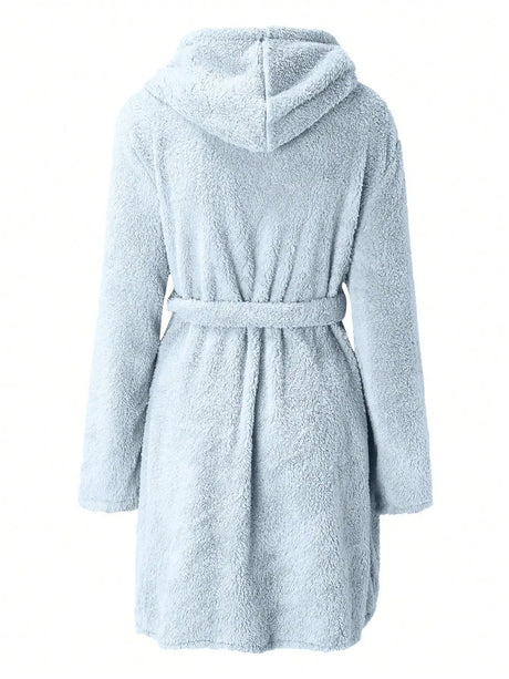 1 piece of women's solid color hooded robe with belt, cozy and warm fleece pajamas for home wear in autumn and winter.