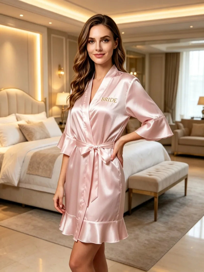 Custom Name Embroidery Satin Kimono Robe Personalized Name Bridesmaid Bride Wedding Getting Ready Morning Robe Bridal Party Gift