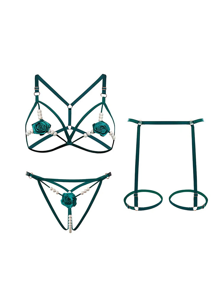 5 Colors Women Black Lace Lingerie Set Strappy Bra Panty Garter Belt Pearl Chain Rose Applique Adjustable Harness Nightwear