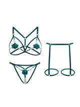 5 Colors Women Black Lace Lingerie Set Strappy Bra Panty Garter Belt Pearl Chain Rose Applique Adjustable Harness Nightwear