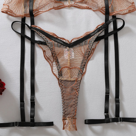 Diccvicc Sexy Bronze Embroidery Lingerie Set Sheer Mesh Contrast Black Harness Bra Garter Belt Women Elegant Intimate Underwear
