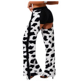 Womens Cow Spot Pattern Flannel Long Pants Adjustable Waist Open Crotch Biking Riding Cowgirl Chaps Halloween Cospaly Costume