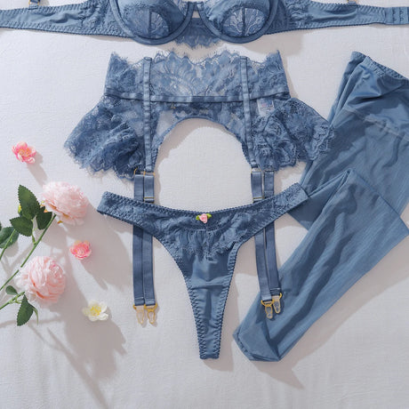 Diccvicc Coquette Slate Blue Lingerie Set 4 Piece Eyelash Lace Satin Bra Peplum Ruffle Garter with Rosebud Thong Women Nightwear