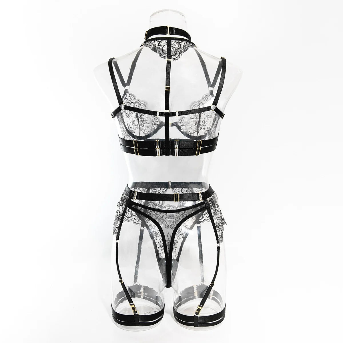 Krasapt Black Lace Embroidered Metal Buckle Sexy Lingerie Set Front Open See-through Lingerie 5Pcs Set Fancy Exotic Intimate Set