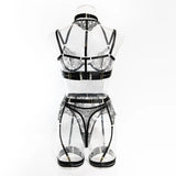 Krasapt Black Lace Embroidered Metal Buckle Sexy Lingerie Set Front Open See-through Lingerie 5Pcs Set Fancy Exotic Intimate Set