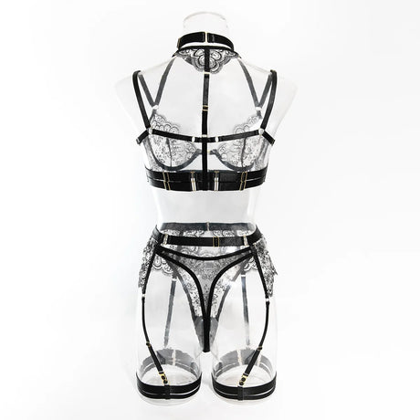 Krasapt Black Lace Embroidered Metal Buckle Sexy Lingerie Set Front Open See-through Lingerie 5Pcs Set Fancy Exotic Intimate Set