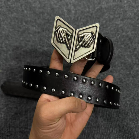 Anime Cosplay Rivet Faux‑Leather Waist Belt Unique Gesture‑shaped Metal Buckle Decor Unisex Punk Trouser Strap Fashion Accessory