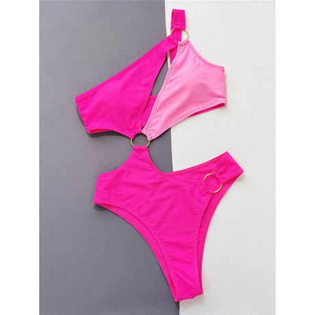 Sexy Pink Asymmetric Splicing One Shoulder Women Swimwear One Piece Swimsuit Female Monokini Cut Out Bathing Suit Bather V4674
