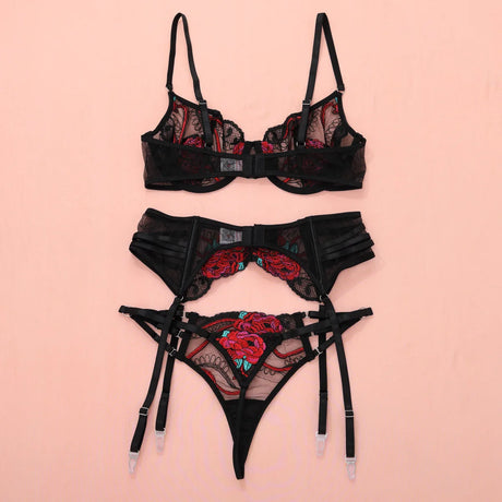 Ellolace Seductive Sexy Lingerie Bra Belt Thong 3PC Set Beautiful Floral Embroidered Intimate Tempted Women Underwear