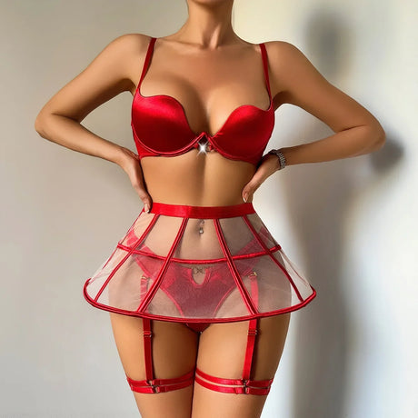 Women Erotic Set Mesh Lingerie 3 Pieces See Through Cage Skirt Garter Harness Exotic Hollow Out Party Club Sexy Underwear