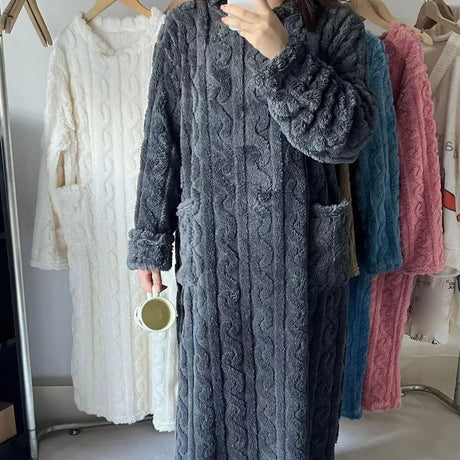 Winter Long Sleeve Double Pocket Flannel Nightgowns Women Loose Solid Sleepwear Jacquard Night Dress Thickened Warm Nightdress