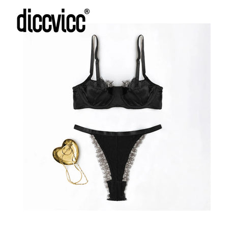 Diccvicc Lingerie for Women Eyelash Lace Bra Panty Set Elegant Patchwork Seductive Underwear Female Intimacy Wear Sensual Kit