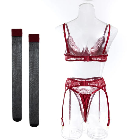 Wedding Night Gift 3 Piece Black Lace Lingerie Set for Women Bra with Garter Belt and Thong Sexy Bridal Underwear