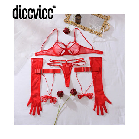 Diccvicc Transparent Mesh Lingerie Bandage Bra Fancy Cut Out Panty Set with Gloves Naked Women Sexy Underwear Uncensored Outfits