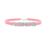 Sexy Rhinestone Letters Hotwife Collar Choker for Women Men DIY Customized Necklaces Pink Suede Leather Cosplay Jewelry Gift