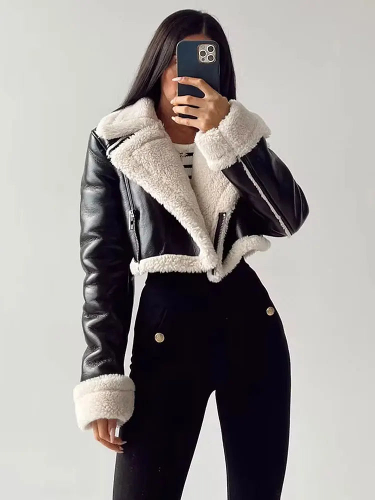 HH Women Faux Leather Thicken Short Jacket Vintage Front Zipper Lapel Long Sleeve Coat Winter Women Warm Casual Outerwear