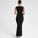 Hugcitar Women Elegant Solid Square Collar Straps Sexy Bodycon Maxi Prom Dress Summer Women Y2K Clothes Evening Party Birthday