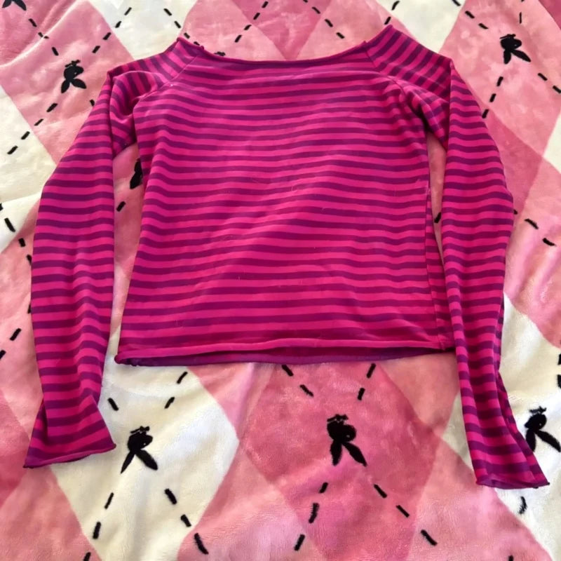 Womens Fall Basic Crop Tops Long Sleeve Off Shoulder Striped Print Slim Fit T-shirts