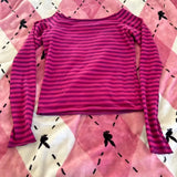 Womens Fall Basic Crop Tops Long Sleeve Off Shoulder Striped Print Slim Fit T-shirts