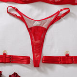 Women Lingerie Erotic Set See Through Sheer Red Lace 5Pcs Underwire Bra Thong Long Gloves Leg Bands Sexy Outfit