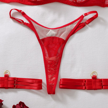Women Lingerie Erotic Set See Through Sheer Red Lace 5Pcs Underwire Bra Thong Long Gloves Leg Bands Sexy Outfit