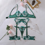 Heavy industry embroidery sequin red slim fit perspective high-end splicing gemstone decoration sexy lingerie four piece set