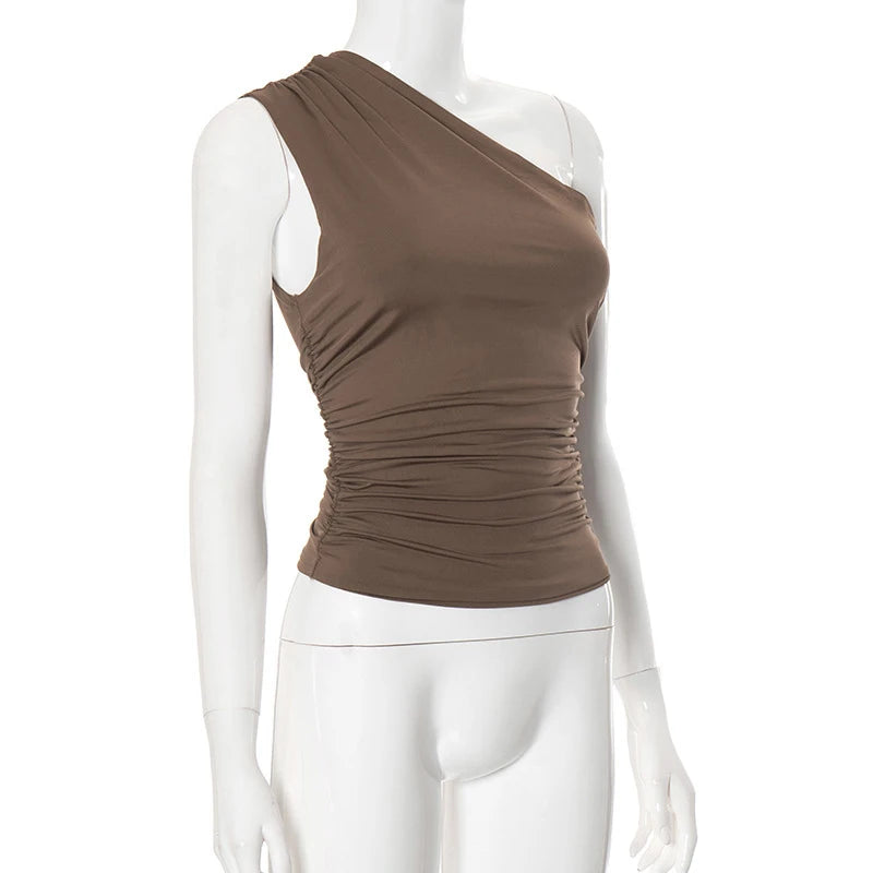 Solid Color One Shoulder Backless Shrink Tank Top T-Shirt Candy Color Tight Sexy Sleeveless Neckless Slim Casaul Top