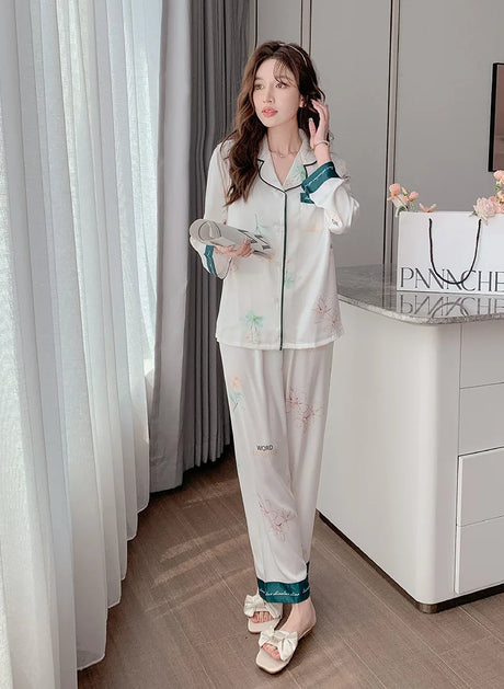 Satin Silk Pajamas for Women's Set pyjamas Button Pigiama Donna pjs Winter Mujer Pijama Sleepwear Nightwear woman 2 piece set