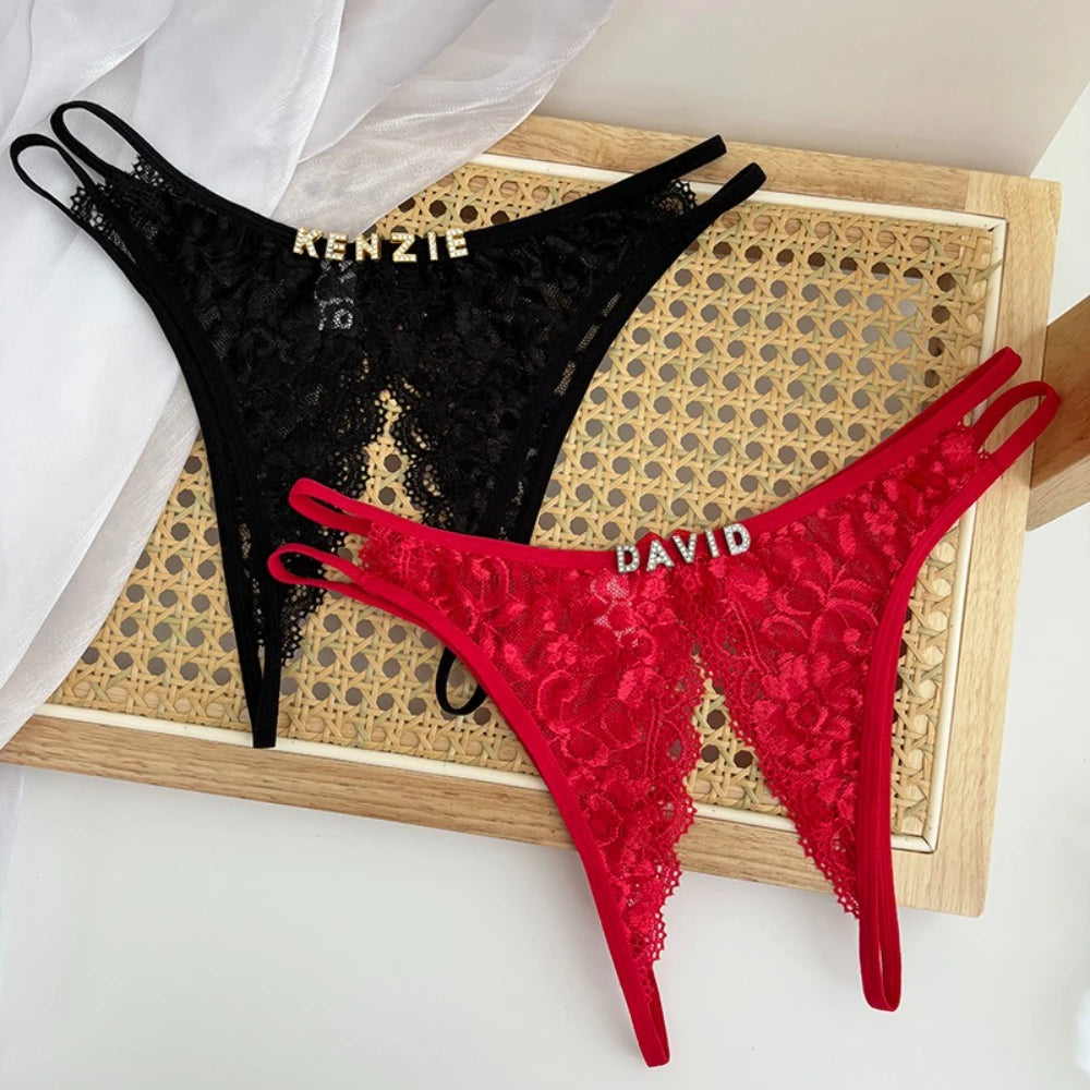 Custom Name Crystal Letter Briefs Sexy Lace Crotchless Knickers Hollow Waist Panties Open Gear Underpants Girlfriend Wife Gift