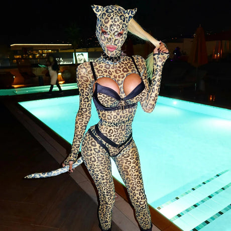 Ellolace Sexy Clothes Women Lingerie Hot Cosplay Hollow Out Leopard Long Sleeve Pants Set Fetish Party Costume with Headgear Kit