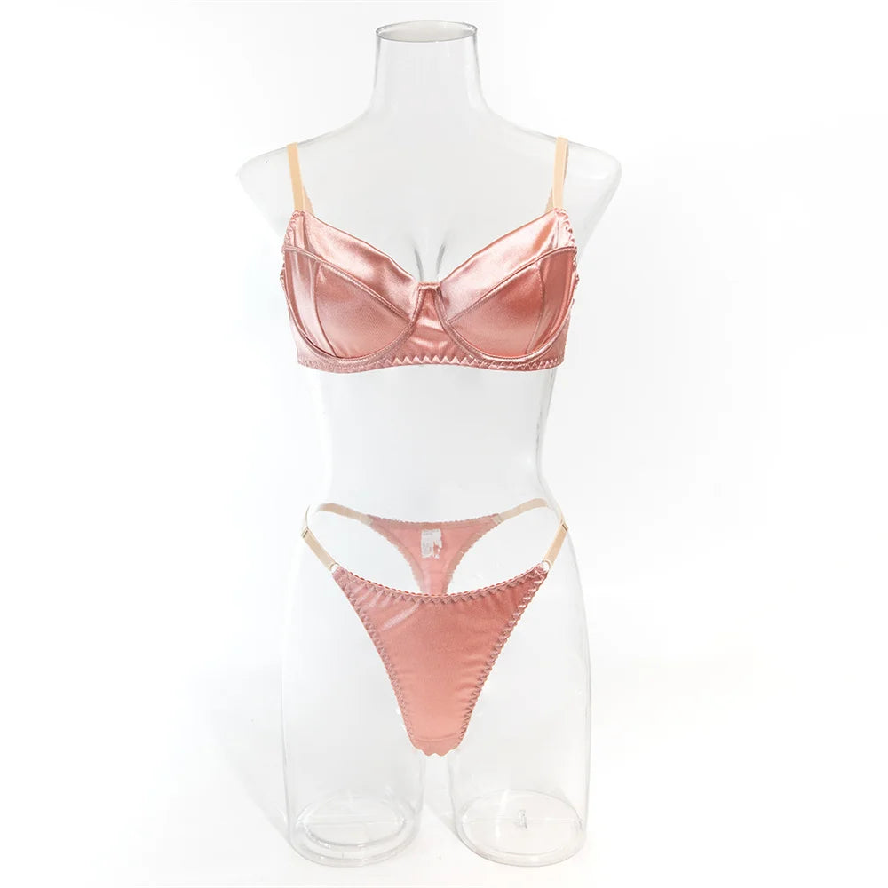 Krasapt Romantic Satin Lingerie 2 Pcs Sets Sexy Patchwork Bras And Thongs Underwear Suits Wedding Night Erotic Intimate Outfits