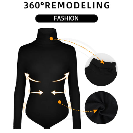 Women's Turtleneck Long Sleeve Bodysuit Women Jumpsuit Stretchy Layer Top Black Solid Color Slim Fit Overalls One Piece Outfit
