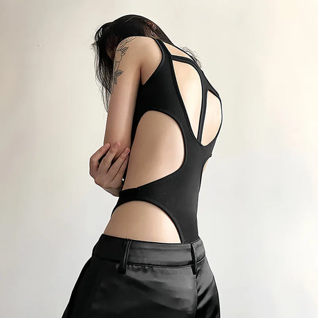 Gothic tops Y2k clothes sexy spicy hollow out bodysuit nigh clubwearr ashion women's patchwork slim fitting jumpsuit top tees