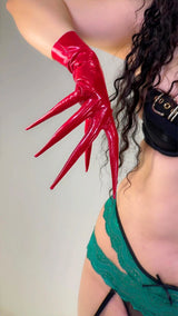 POINTED FINGER GLOVES 85cm 33" Long Spike Shoulders Patent Faux Leather PU Arm Warmers Shine Black LLDLLNT