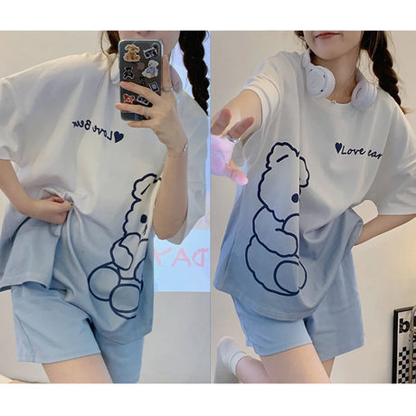 Women's Loose Fit Cartoon Bear Pajamas Set Summer Short Sleeve Gradient Casual Homewear Sleepwear
