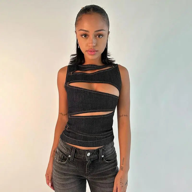Women's Black Denim Cut Out Crop Top Sleeveless Asymmetric Hollow Out Fitted Streetwear Tank Top