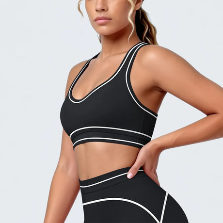 Women's Yoga Bra Vest Fitness Tank Running Workout Gym Top Push Up Padded Soft Slim Contrast Piping Racerback Sports Underwear