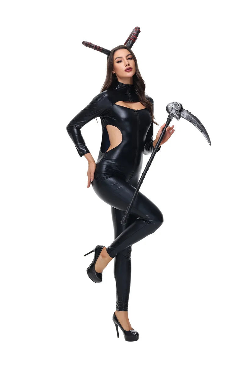 Halloween Cat Girl Masked Hero Cosplay Jumpsuit Black Patent Imitation Leather Bodysuit Nightclub Bar Carnival Party Catsuit New