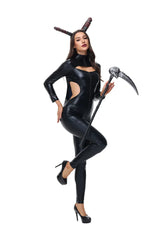 Halloween Cat Girl Masked Hero Cosplay Jumpsuit Black Patent Imitation Leather Bodysuit Nightclub Bar Carnival Party Catsuit New