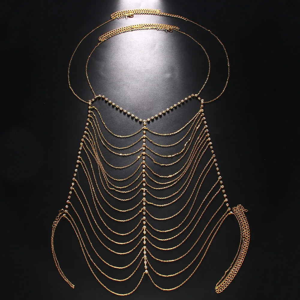 Rave Harness Rhinestone Multilayer Chest Chain for Women Nightclub Sexy Outfit Crystal Body Chain Jewelry Dress Accessories