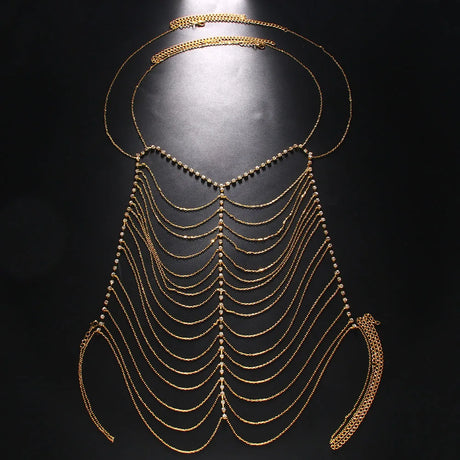 Rave Harness Rhinestone Multilayer Chest Chain for Women Nightclub Sexy Outfit Crystal Body Chain Jewelry Dress Accessories