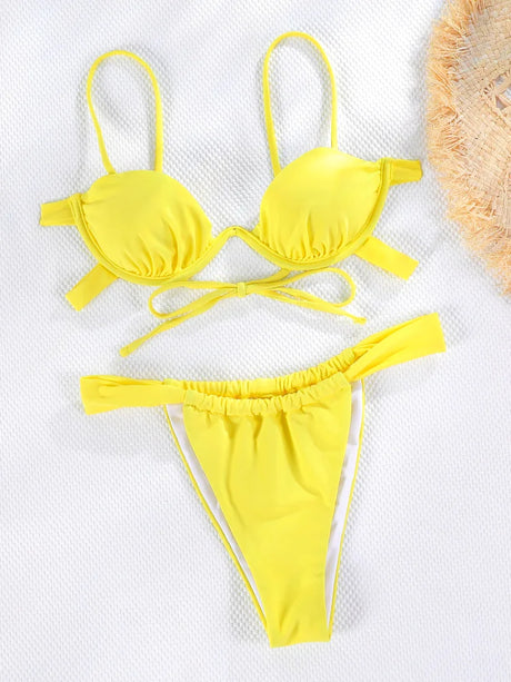 Solid Color Swimwear Ties Yellow Swimsuit Women Micro Bikini Thongs Summer Push Up Biquini Brazilian String Bathing Suit