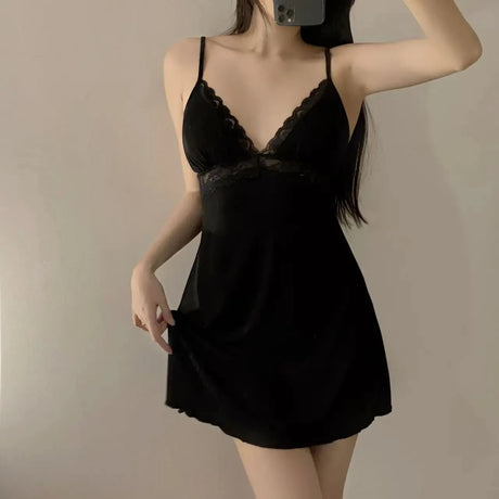 Womens Ribbed Knit Cami Dress Lace Trim V Neck Spaghetti Strap Mini Slip Nightgown Loungewear Casual Y2K Summer Sleep Dress Soft