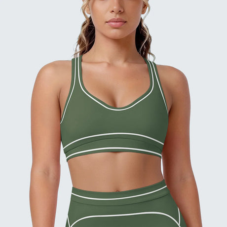 Women's Yoga Bra Vest Fitness Tank Running Workout Gym Top Push Up Padded Soft Slim Contrast Piping Racerback Sports Underwear