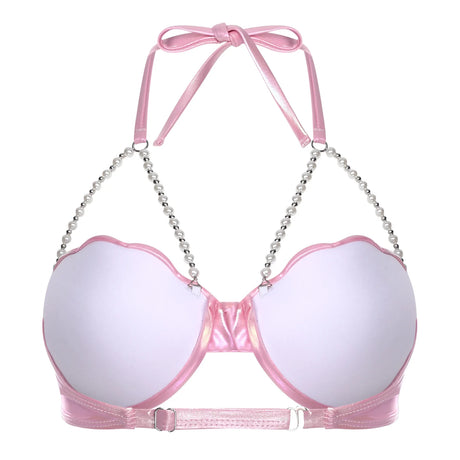 Women Shiny Bikini Bra Top Halter Neck Sheel Mermaid Swimwear Bead Chains Padded Bra Swim Tops Hawaii Beach Party Bathing Suit